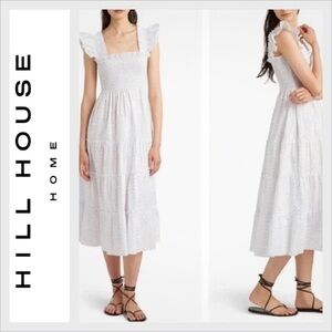 Hill House Ellie Nap Dress Swiss Dot White Blue Smocked Tiered Midi L